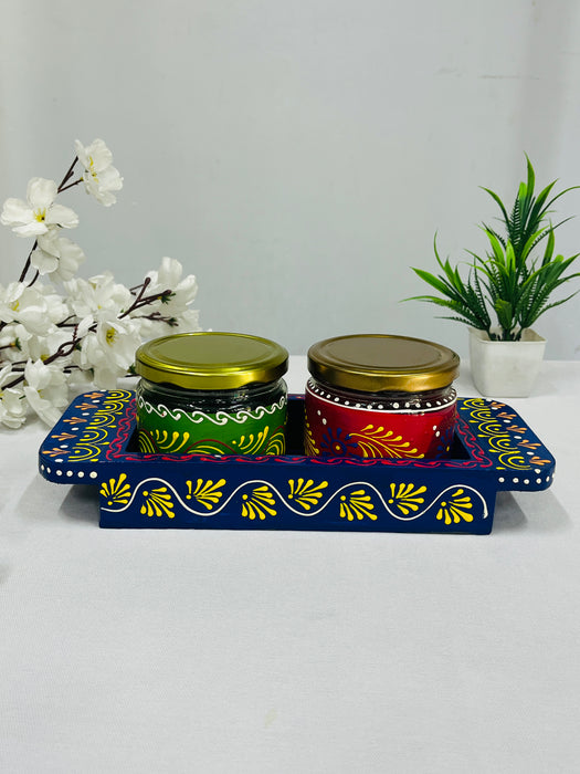 Hand-Painted Wooden Tray with 2 Decorative Jars – Traditional Indian Art Gift Set