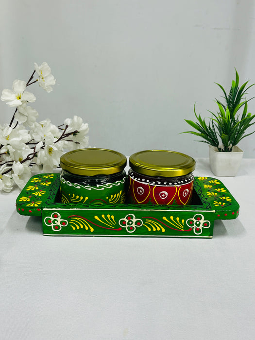 Hand-Painted Green Wooden Tray with 2 Decorative Jars – Festive Gift Set