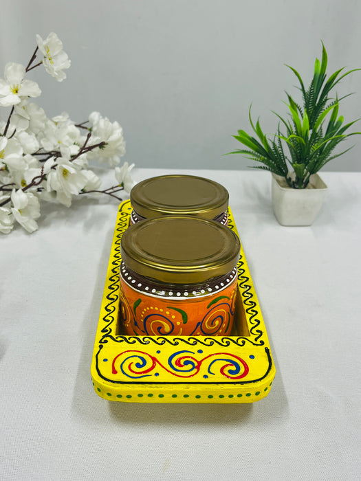 Hand-Painted Wooden Tray with 2 Jars – Colorful Spice & Storage Set