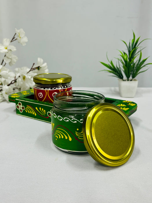 Hand-Painted Green Wooden Tray with 2 Decorative Jars – Festive Gift Set