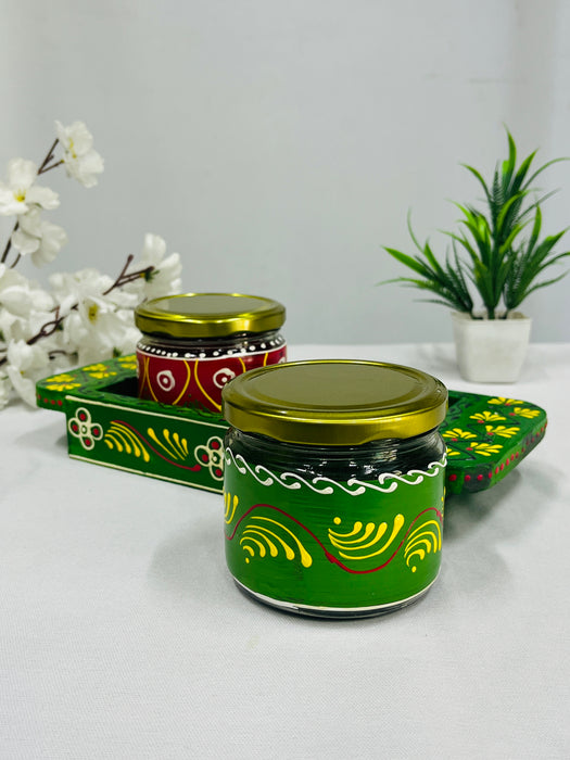Hand-Painted Green Wooden Tray with 2 Decorative Jars – Festive Gift Set