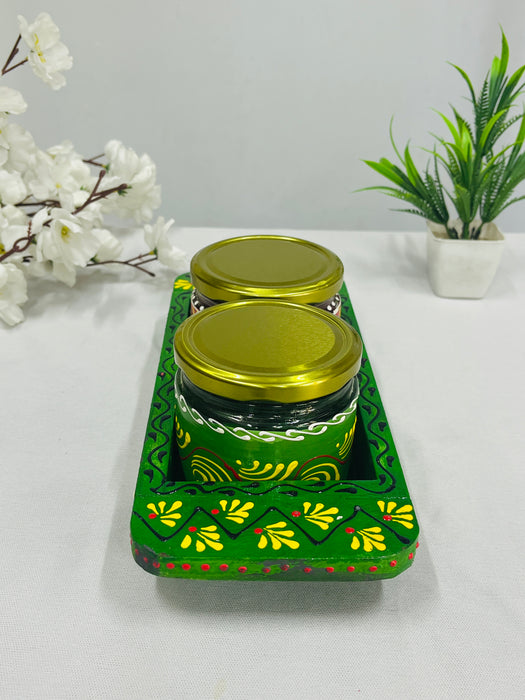 Hand-Painted Green Wooden Tray with 2 Decorative Jars – Festive Gift Set