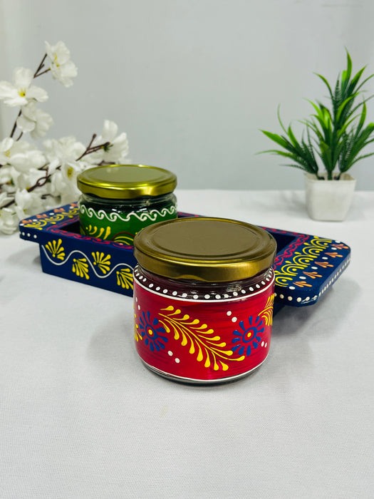 Hand-Painted Wooden Tray with 2 Decorative Jars – Traditional Indian Art Gift Set