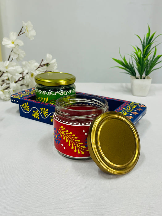 Hand-Painted Wooden Tray with 2 Decorative Jars – Traditional Indian Art Gift Set