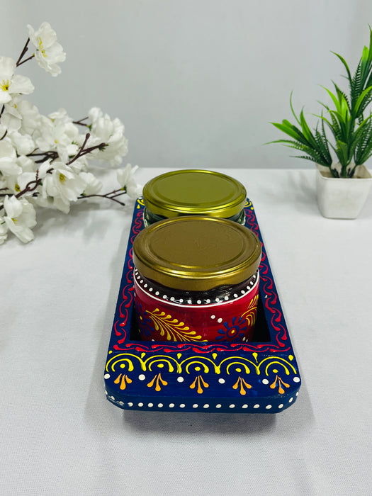 Hand-Painted Wooden Tray with 2 Decorative Jars – Traditional Indian Art Gift Set