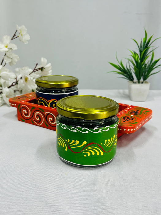 Hand-Painted Orange Wooden Tray with 2 Decorative Jars – Traditional Gift Set