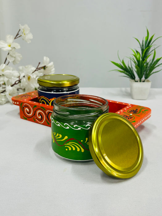 Hand-Painted Orange Wooden Tray with 2 Decorative Jars – Traditional Gift Set
