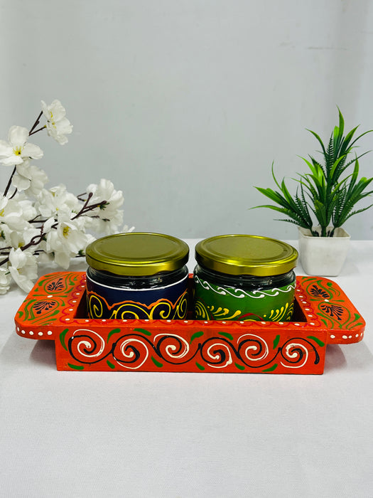 Hand-Painted Orange Wooden Tray with 2 Decorative Jars – Traditional Gift Set
