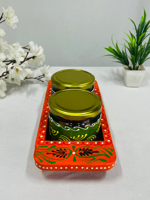 Hand-Painted Orange Wooden Tray with 2 Decorative Jars – Traditional Gift Set