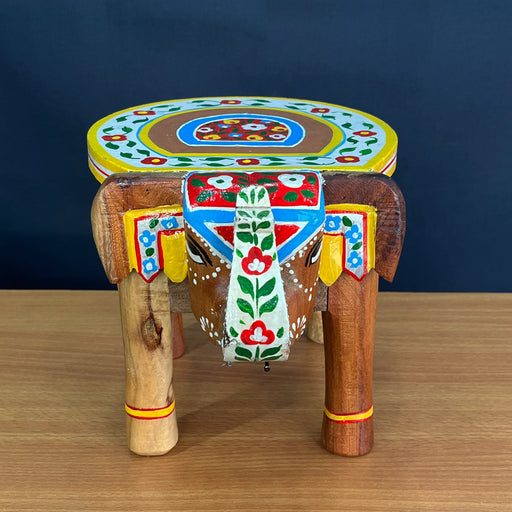 Handcrafted Embossed Painted Wooden Elephant Stool Showpiece