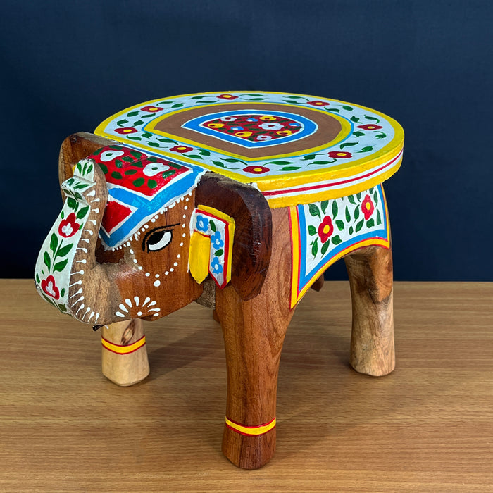 Handcrafted Embossed Painted Wooden Elephant Stool Showpiece