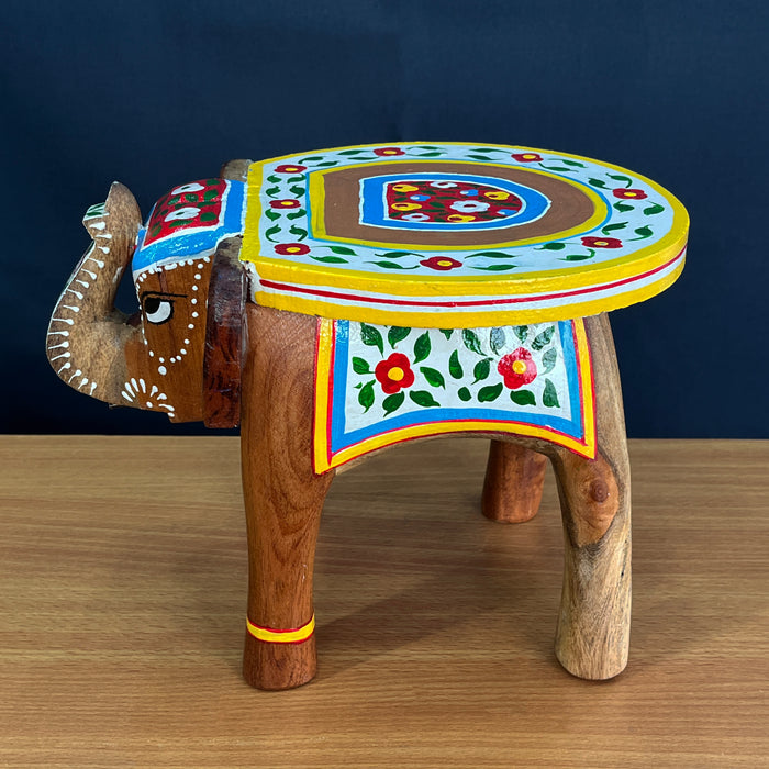 Handcrafted Embossed Painted Wooden Elephant Stool Showpiece