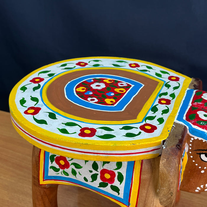 Handcrafted Embossed Painted Wooden Elephant Stool Showpiece