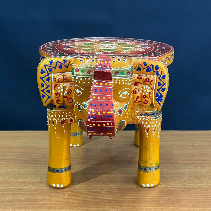 Handcrafted Decorative Wooden Elephant Stool with Traditional Hand-Painted Design