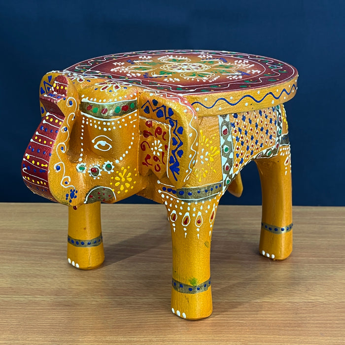 Handcrafted Decorative Wooden Elephant Stool with Traditional Hand-Painted Design