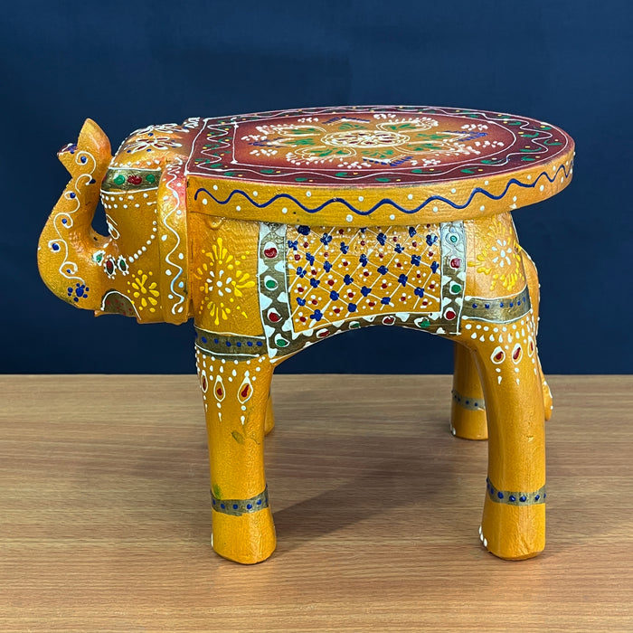 Handcrafted Decorative Wooden Elephant Stool with Traditional Hand-Painted Design