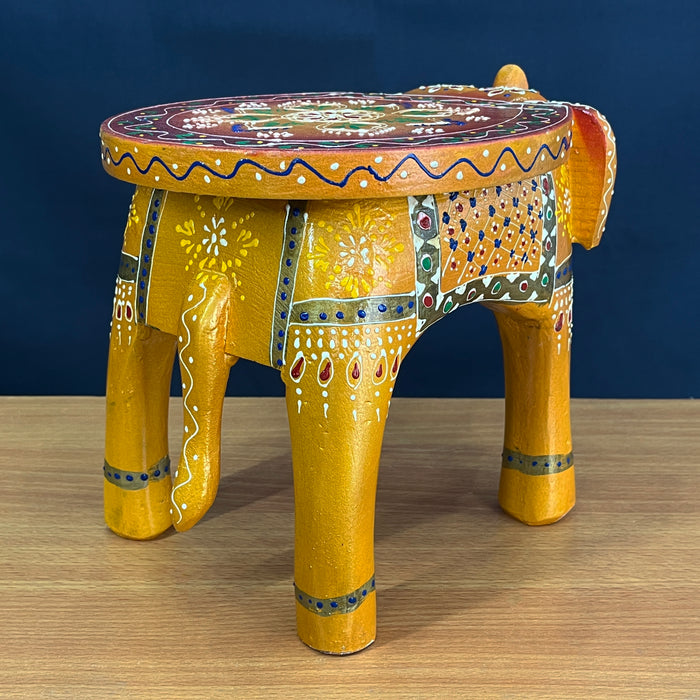 Handcrafted Decorative Wooden Elephant Stool with Traditional Hand-Painted Design