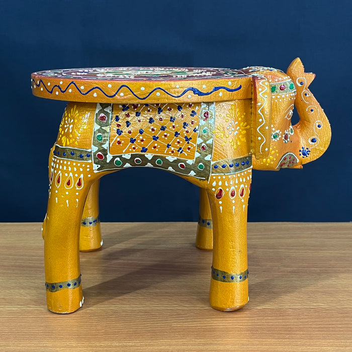 Handcrafted Decorative Wooden Elephant Stool with Traditional Hand-Painted Design