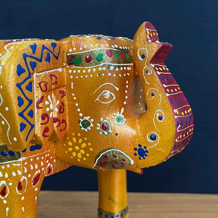 Handcrafted Decorative Wooden Elephant Stool with Traditional Hand-Painted Design