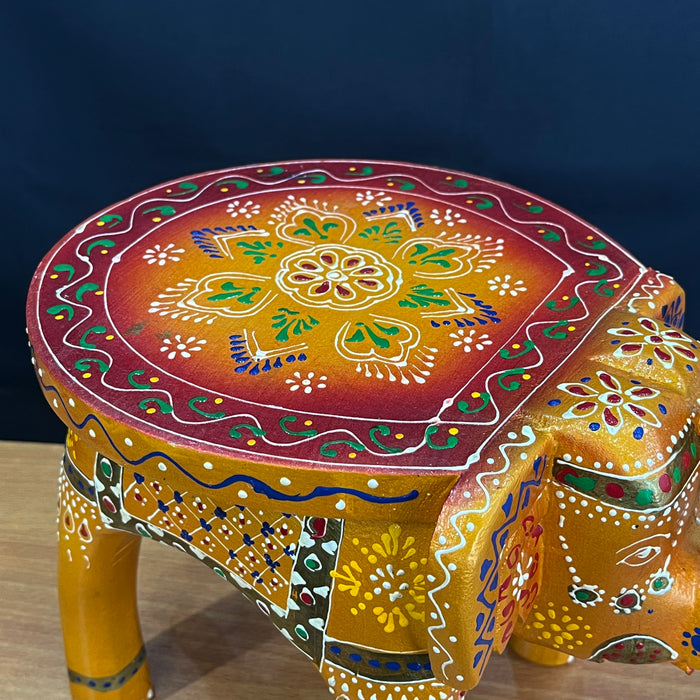 Handcrafted Decorative Wooden Elephant Stool with Traditional Hand-Painted Design