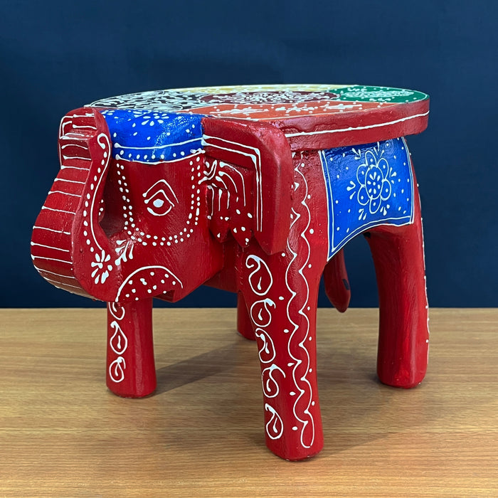 Handmade Red color Wooden Elephant Stool Decorative Showpiece