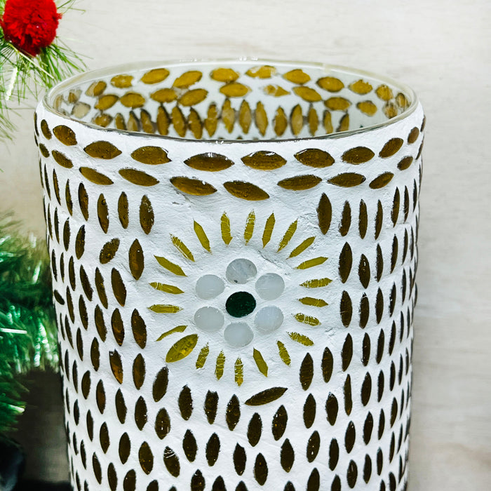 Handcrafted Cylindrical Mosaic Table Lamp – Golden & White Glass Light