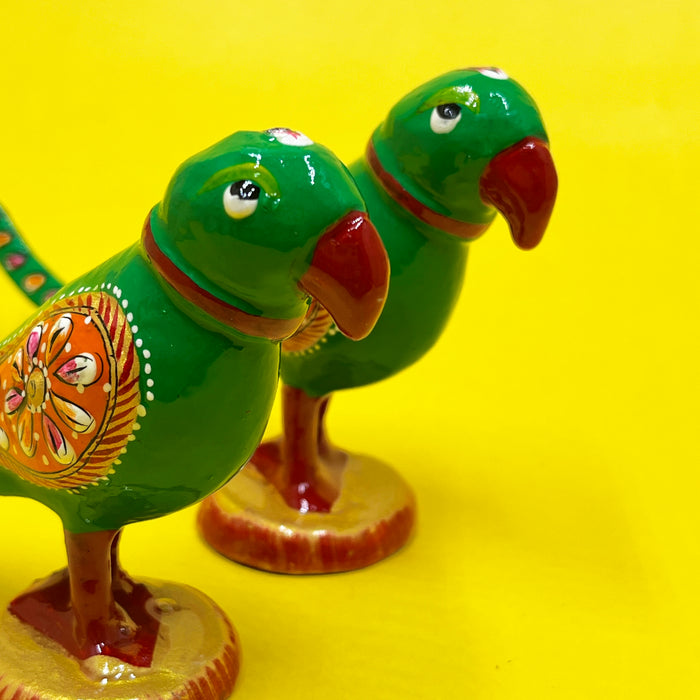 Handcrafted Green Parrot Showpiece Set with Artistic Detailing | Home Décor