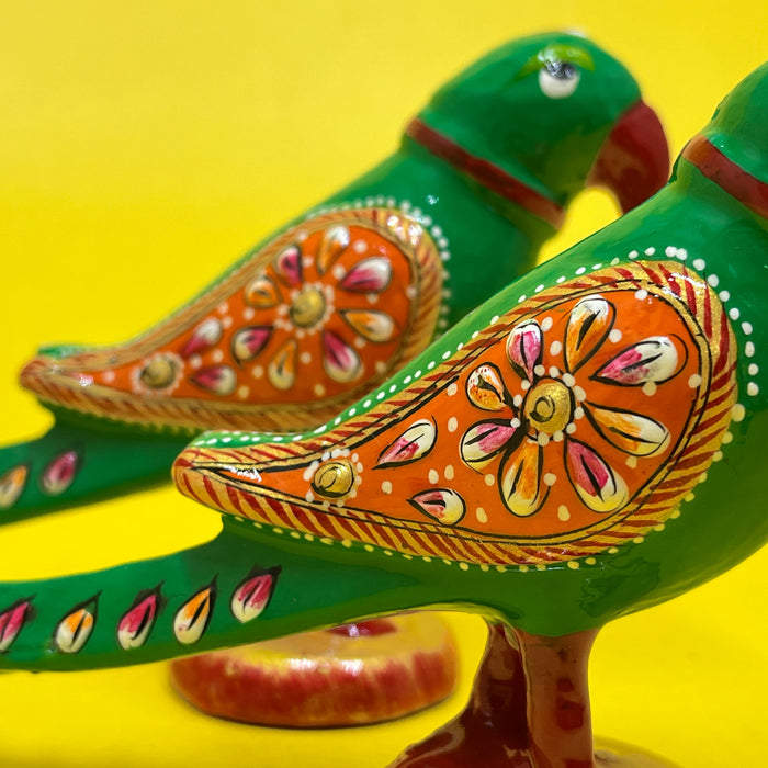 Handcrafted Green Parrot Showpiece Set with Artistic Detailing | Home Décor