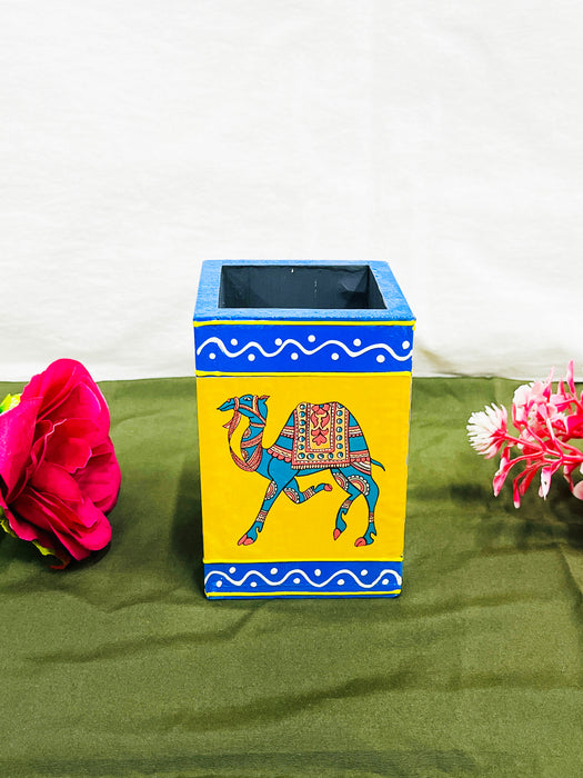 Handcrafted Rajasthani Camel Painting Wooden Pen Stand – Yellow