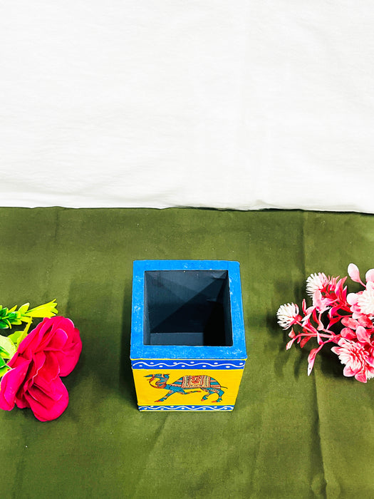 Handcrafted Rajasthani Camel Painting Wooden Pen Stand – Yellow
