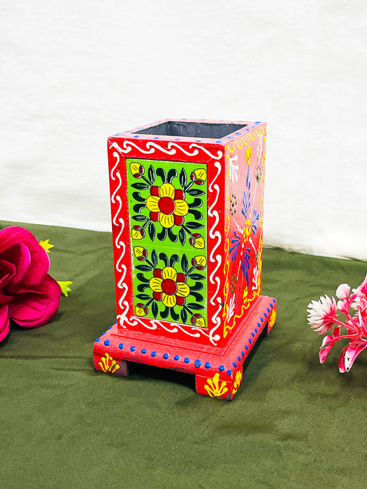 Hand-Painted Wooden Pen Stand with Rajasthani Elephant Art – Red