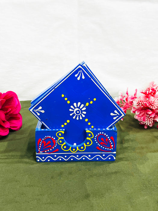 Hand-Painted Blue Ceramic Coaster Set with Artistic Design
