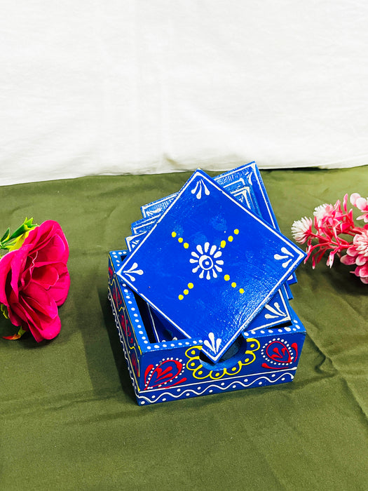 Hand-Painted Blue Ceramic Coaster Set with Artistic Design
