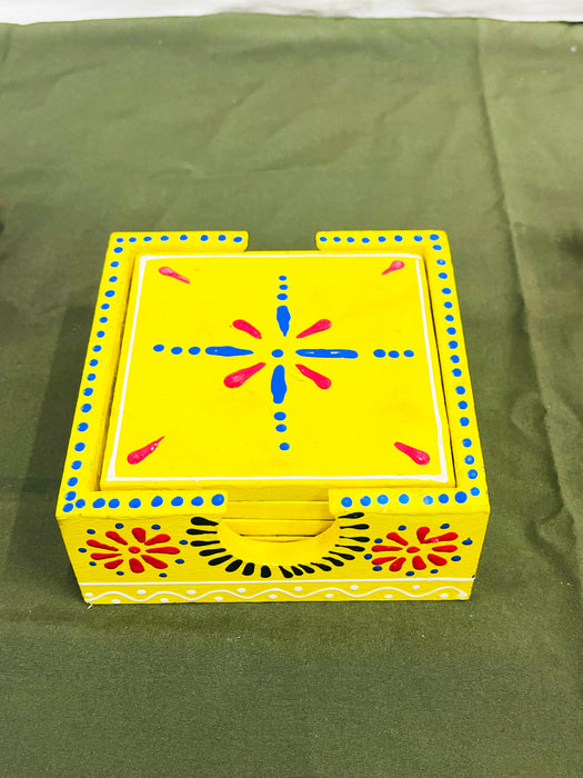 Hand-Painted Yellow Ceramic Coaster Set with Artistic Design