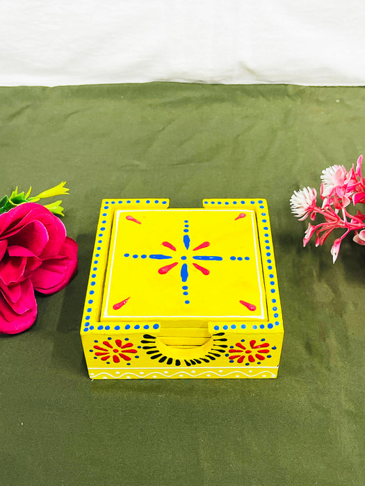 Hand-Painted Yellow Ceramic Coaster Set with Artistic Design