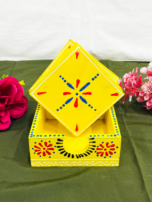 Hand-Painted Yellow Ceramic Coaster Set with Artistic Design