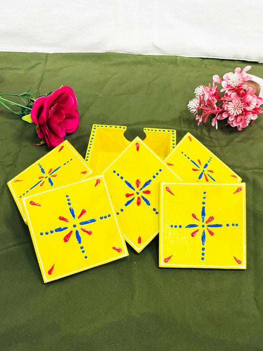 Hand-Painted Yellow Ceramic Coaster Set with Artistic Design