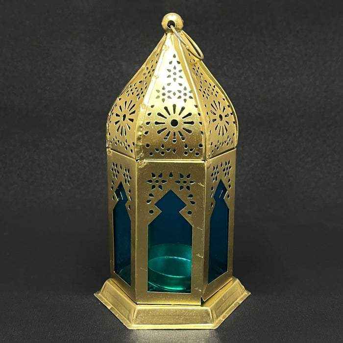 Antique Brass Moroccan Lantern – Handcrafted Metal Candle Holder with Blue Glass Panels