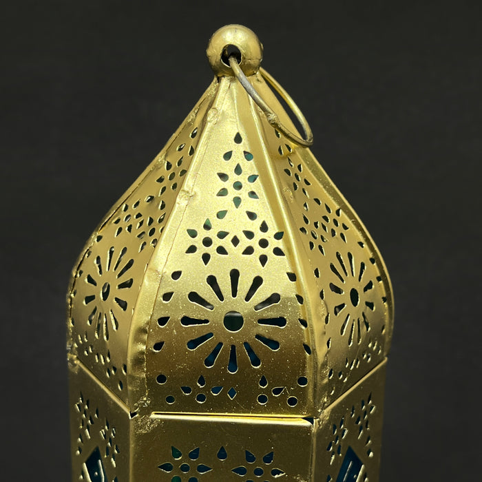 Antique Brass Moroccan Lantern – Handcrafted Metal Candle Holder with Blue Glass Panels