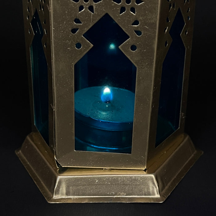 Antique Brass Moroccan Lantern – Handcrafted Metal Candle Holder with Blue Glass Panels