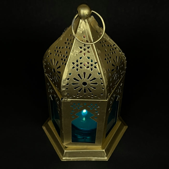 Antique Brass Moroccan Lantern – Handcrafted Metal Candle Holder with Blue Glass Panels