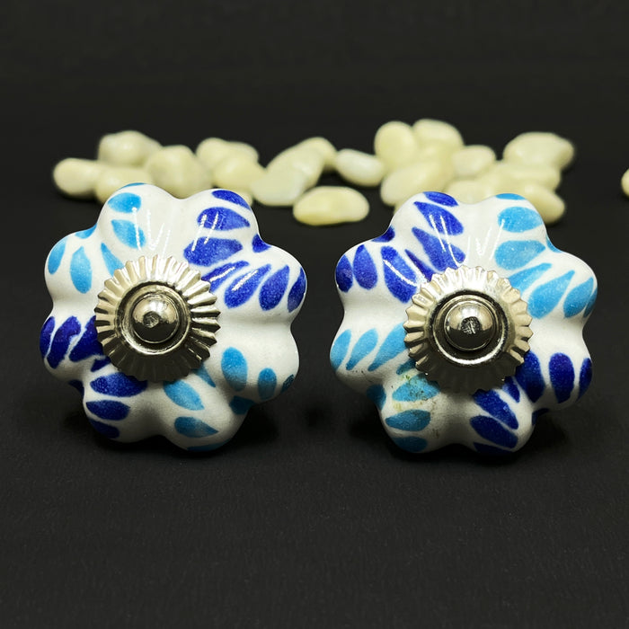 Handcrafted Ceramic Flower Cabinet Knobs with Blue Floral Design | Drawer Handles