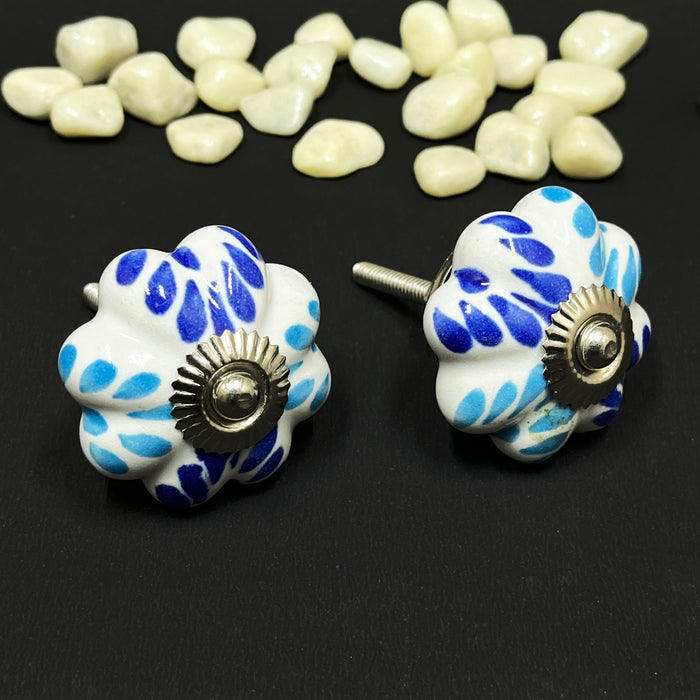 Handcrafted Ceramic Flower Cabinet Knobs with Blue Floral Design | Drawer Handles