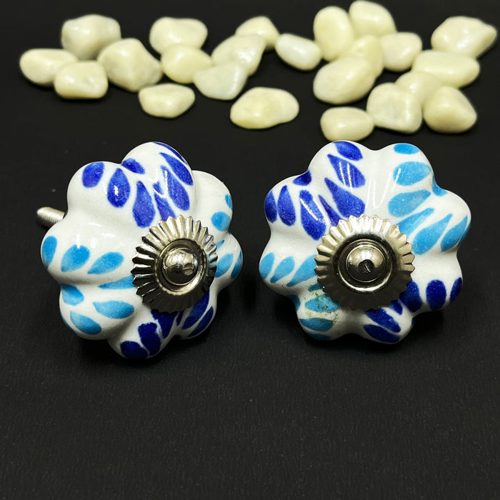 Handcrafted Ceramic Flower Cabinet Knobs with Blue Floral Design | Drawer Handles