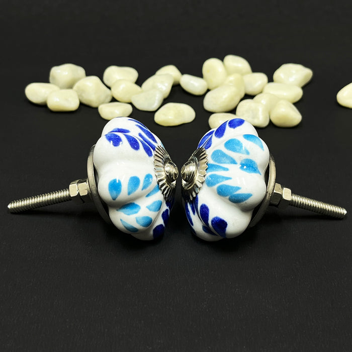 Handcrafted Ceramic Flower Cabinet Knobs with Blue Floral Design | Drawer Handles