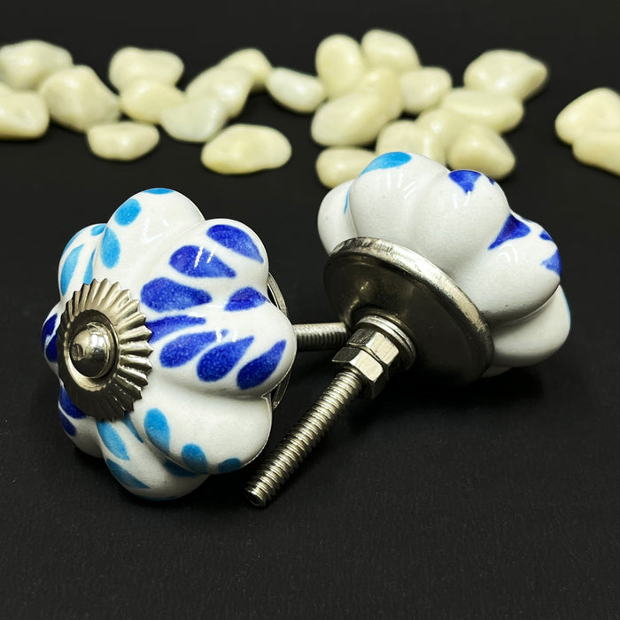 Handcrafted Ceramic Flower Cabinet Knobs with Blue Floral Design | Drawer Handles