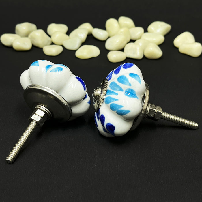 Handcrafted Ceramic Flower Cabinet Knobs with Blue Floral Design | Drawer Handles