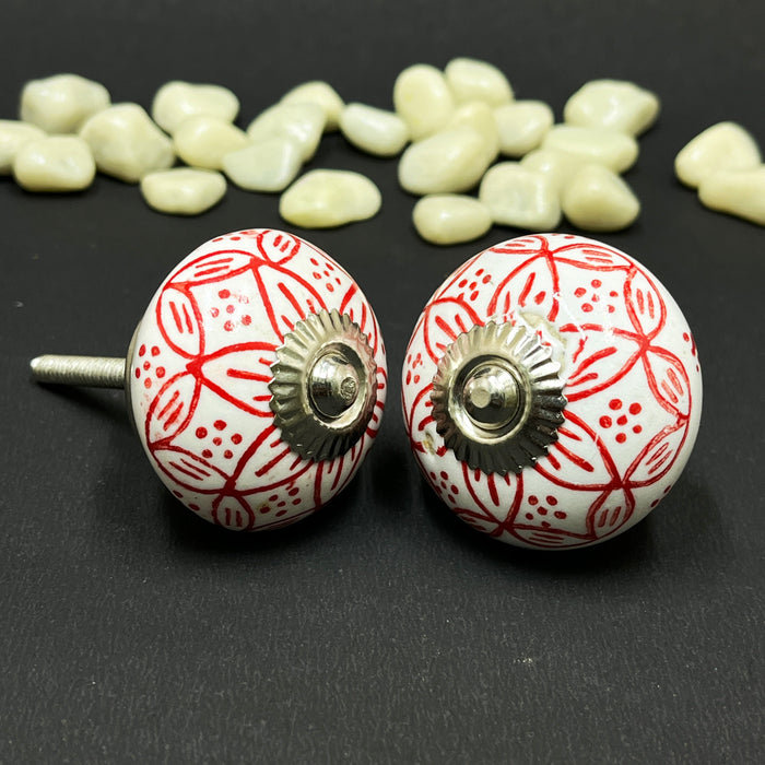 Handcrafted Red Ceramic Cabinet Knobs with Floral Design | Decorative Drawer Handles
