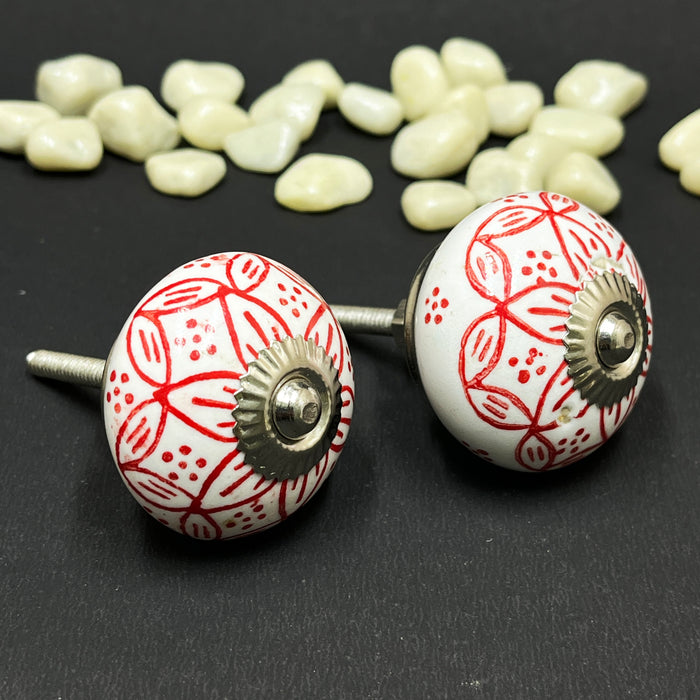 Handcrafted Red Ceramic Cabinet Knobs with Floral Design | Decorative Drawer Handles