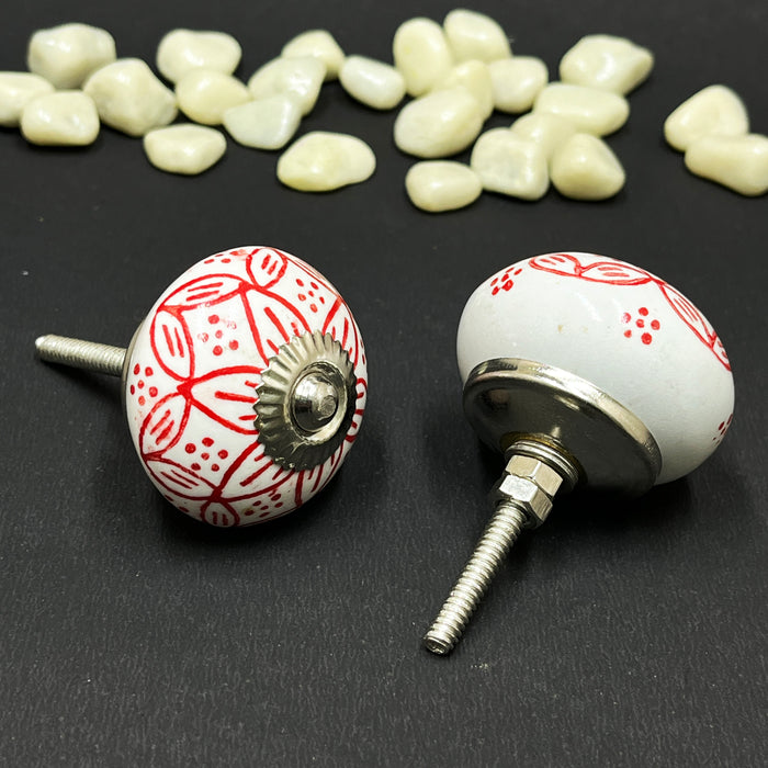 Handcrafted Red Ceramic Cabinet Knobs with Floral Design | Decorative Drawer Handles